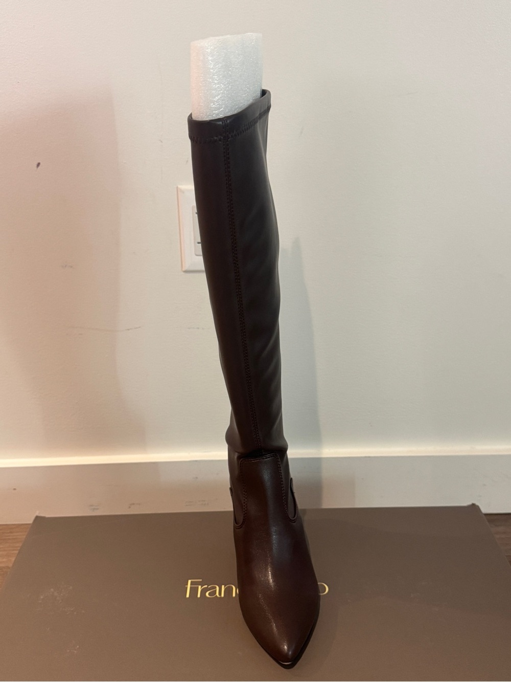 Franco Sarto Knee High Tall Pointed Toe Leather Boot in Dark Brown wide calf